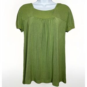 Vintage Dressbarn Green Knit Babydoll Top L Y2K Short Sleeve Ribbed Empire Waist